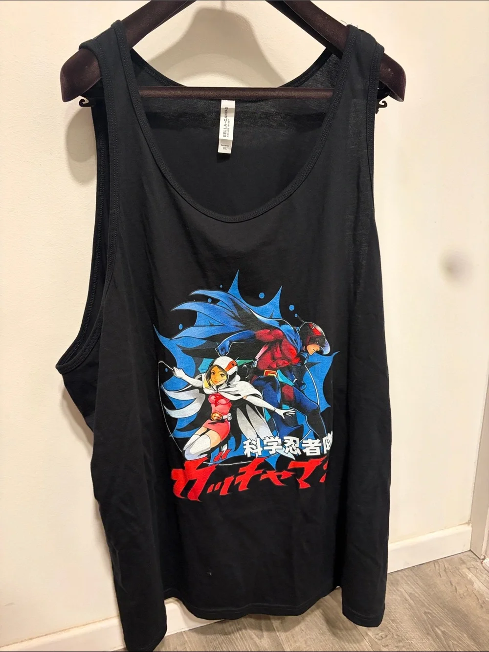 Men's Black Anime Graphic Tank Top with Red & Blue Print